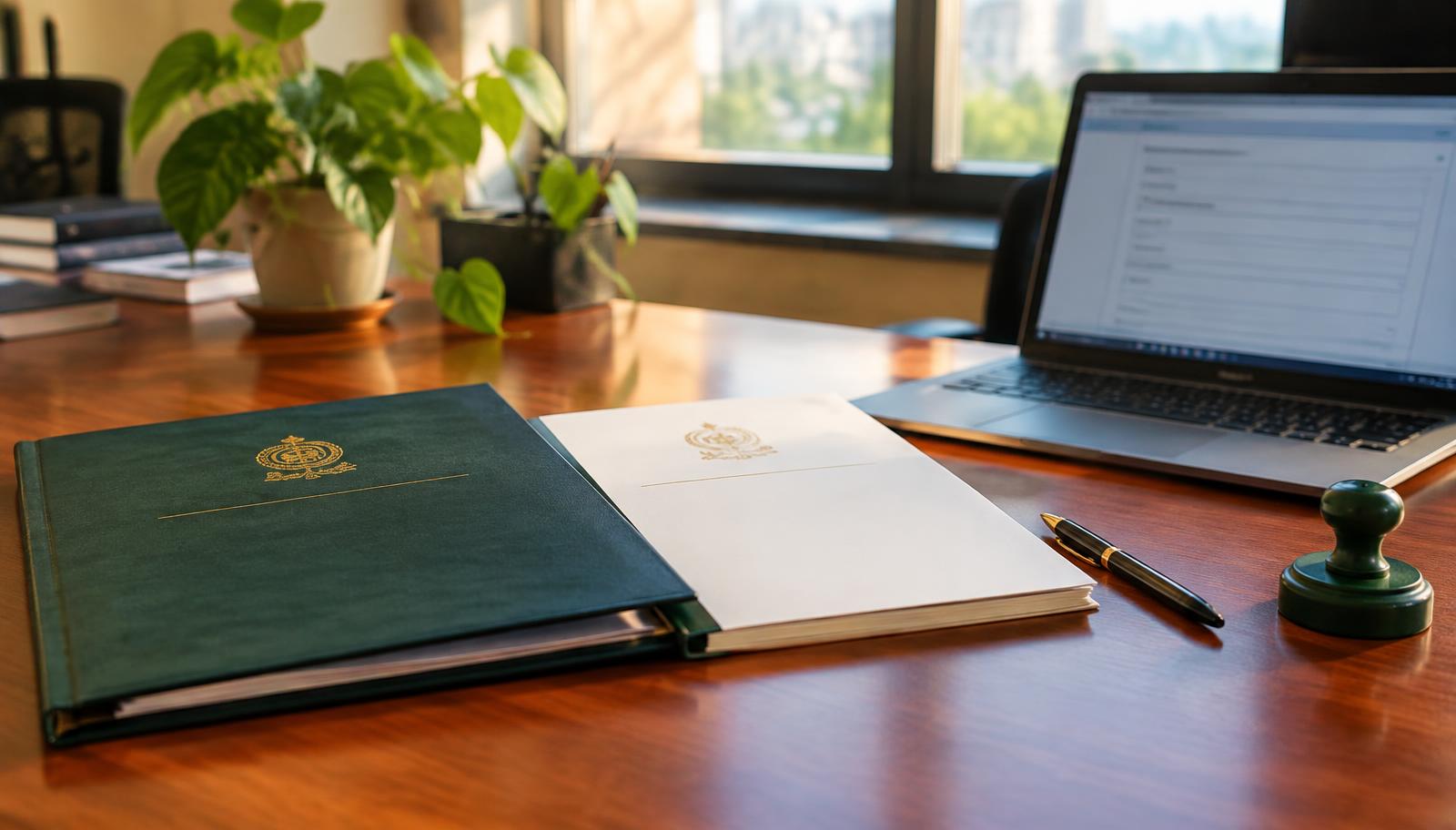 Annual return folder, beneficial ownership register and company seal on an office desk